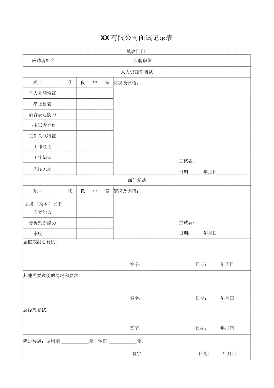 初试及复试一起的面试评价表.docx_第1页