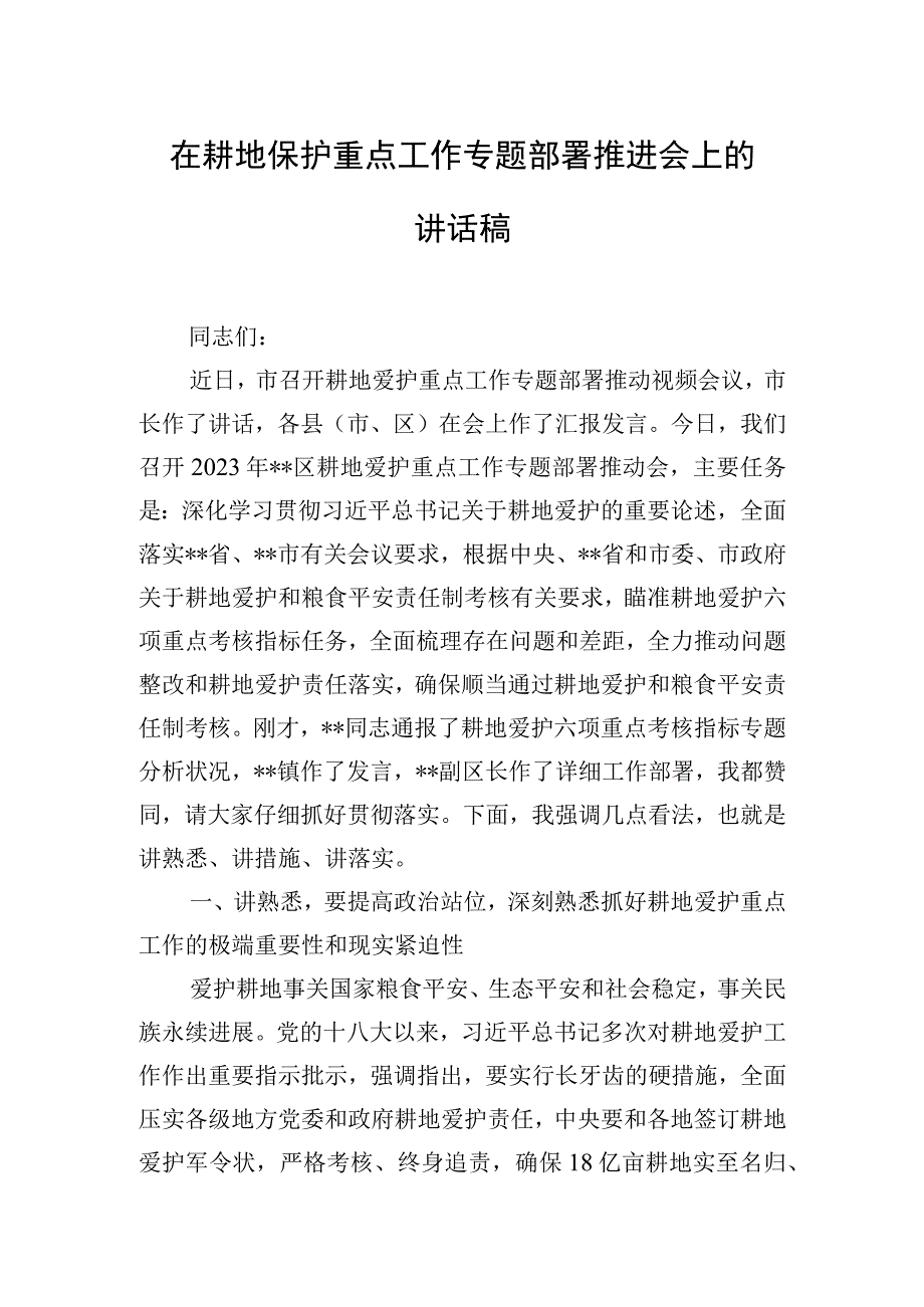 在耕地保护重点工作专题部署推进会上的讲话稿.docx_第1页