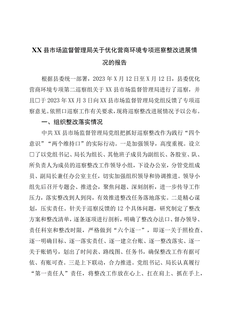 关于优化营商环境专项巡察整改进展情况的报告.docx_第1页