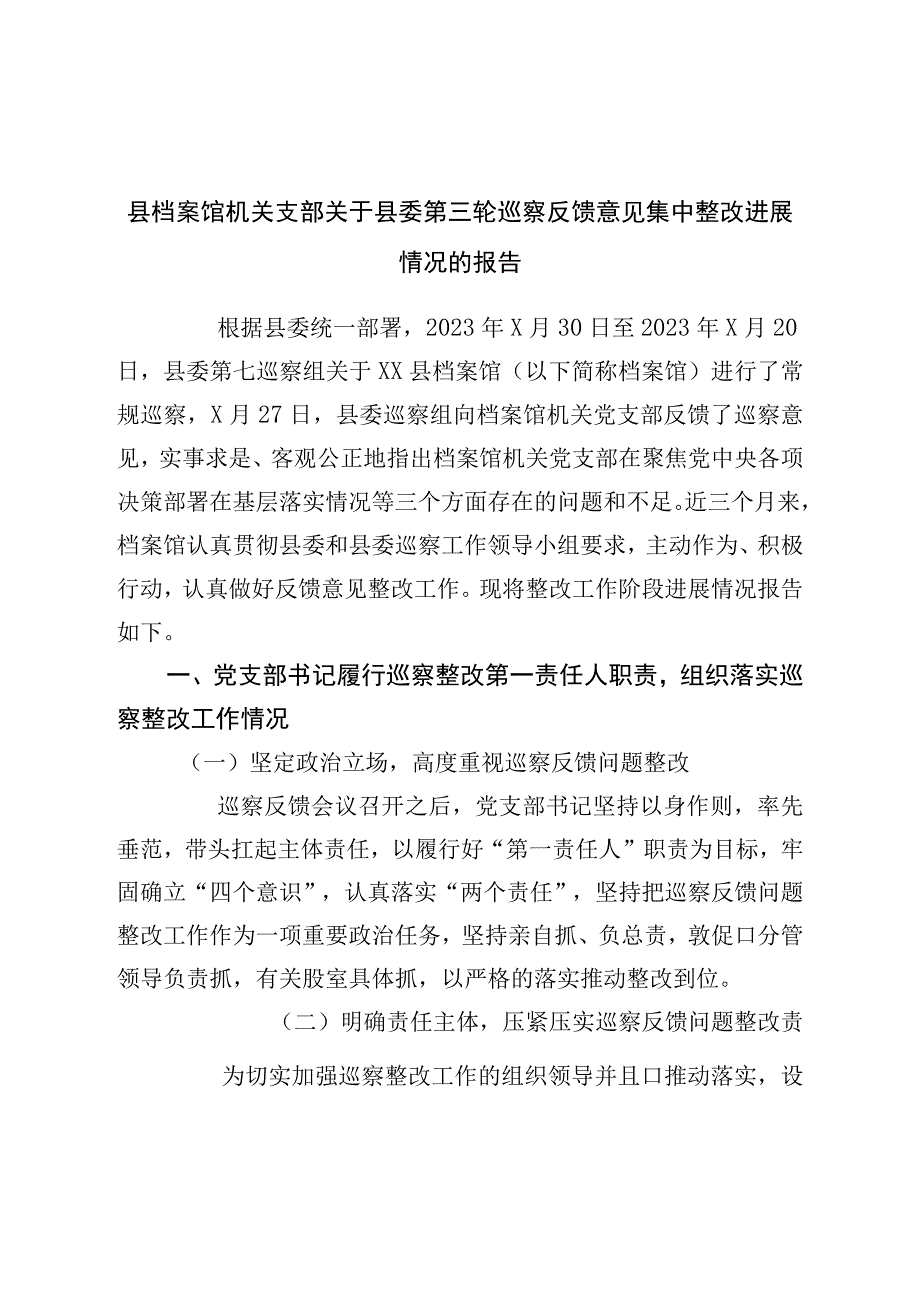 县档案馆机巡察反馈意见集中整改进展情况的报告.docx_第1页