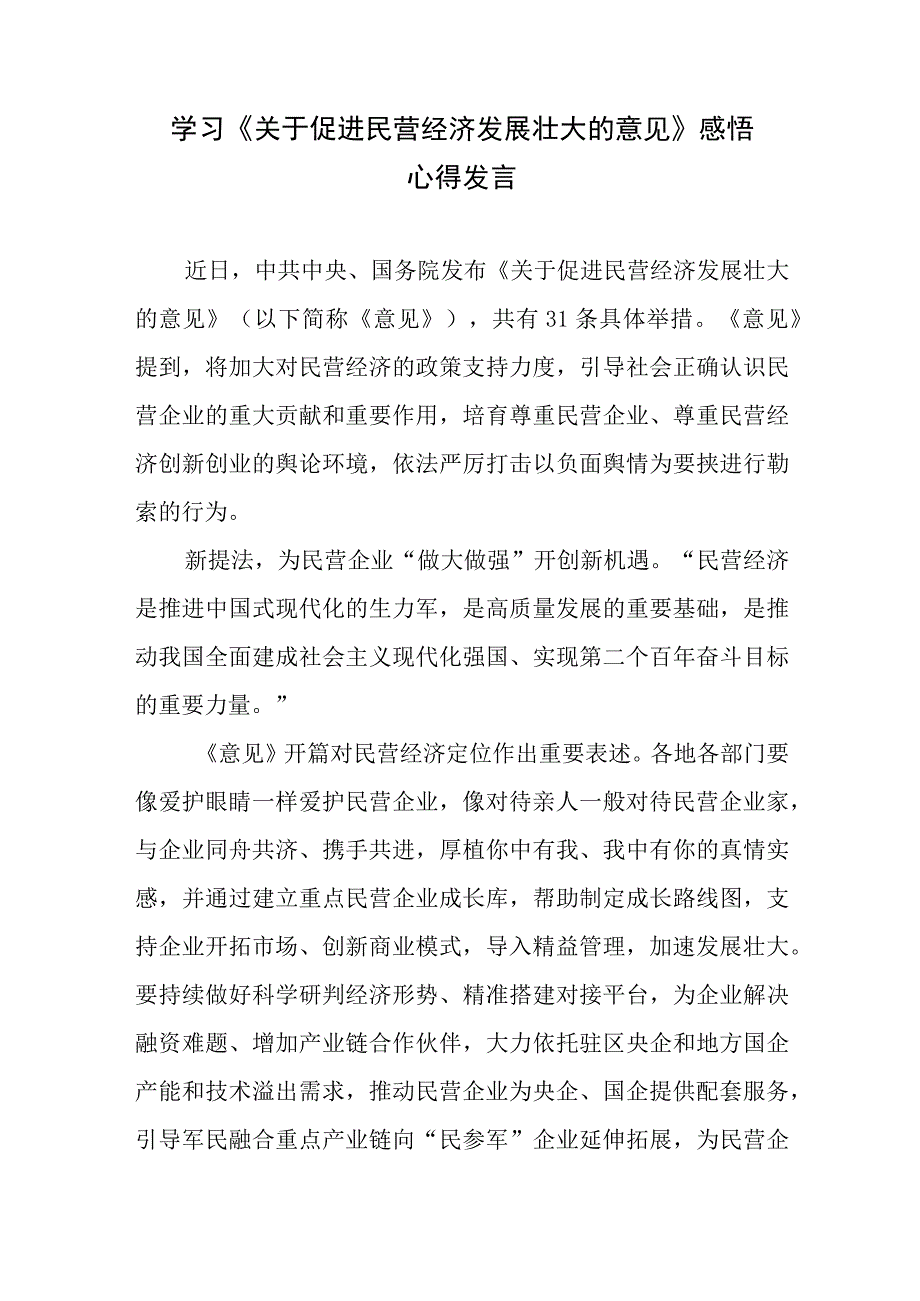 学习贯彻《关于促进民营经济发展壮大的意见》感悟心得发言材料4篇.docx_第1页