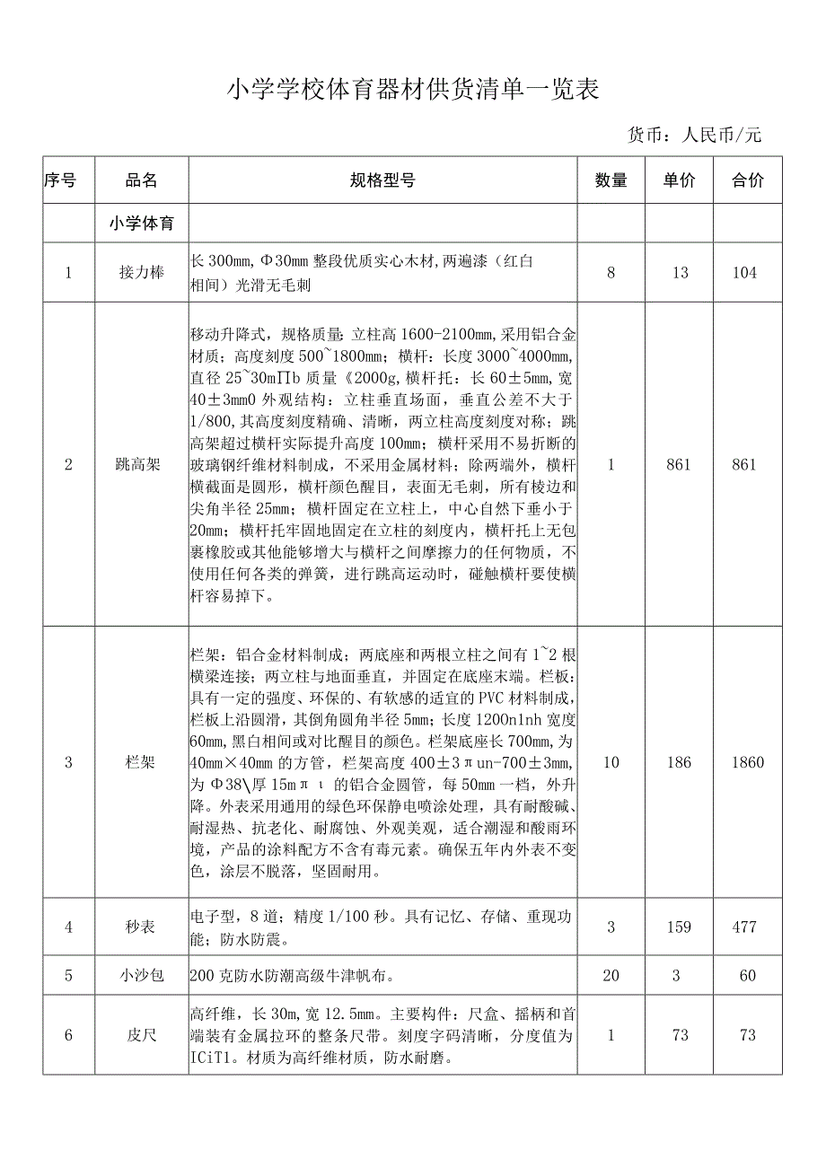 小学学校体育器材供货清单一览表.docx_第1页