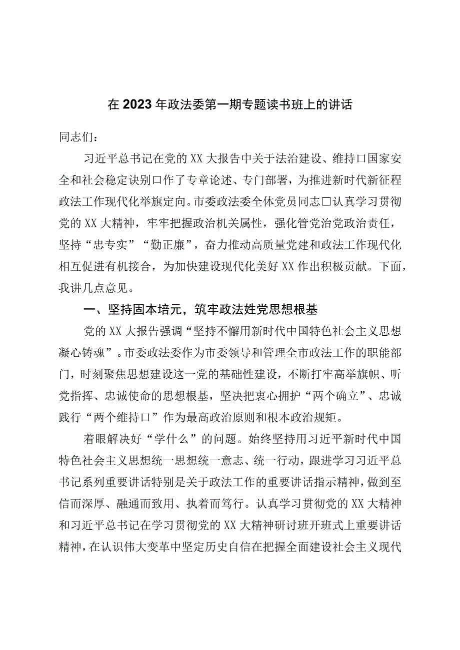 在2023年主题教育政法委第一期专题读书班上的讲话.docx_第1页