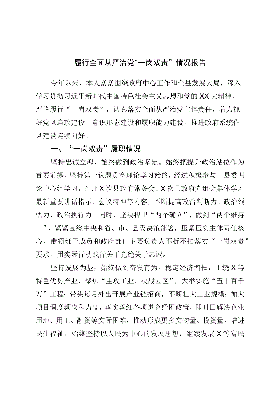 履行全面从严治党“一岗双责”情况报告.docx_第1页