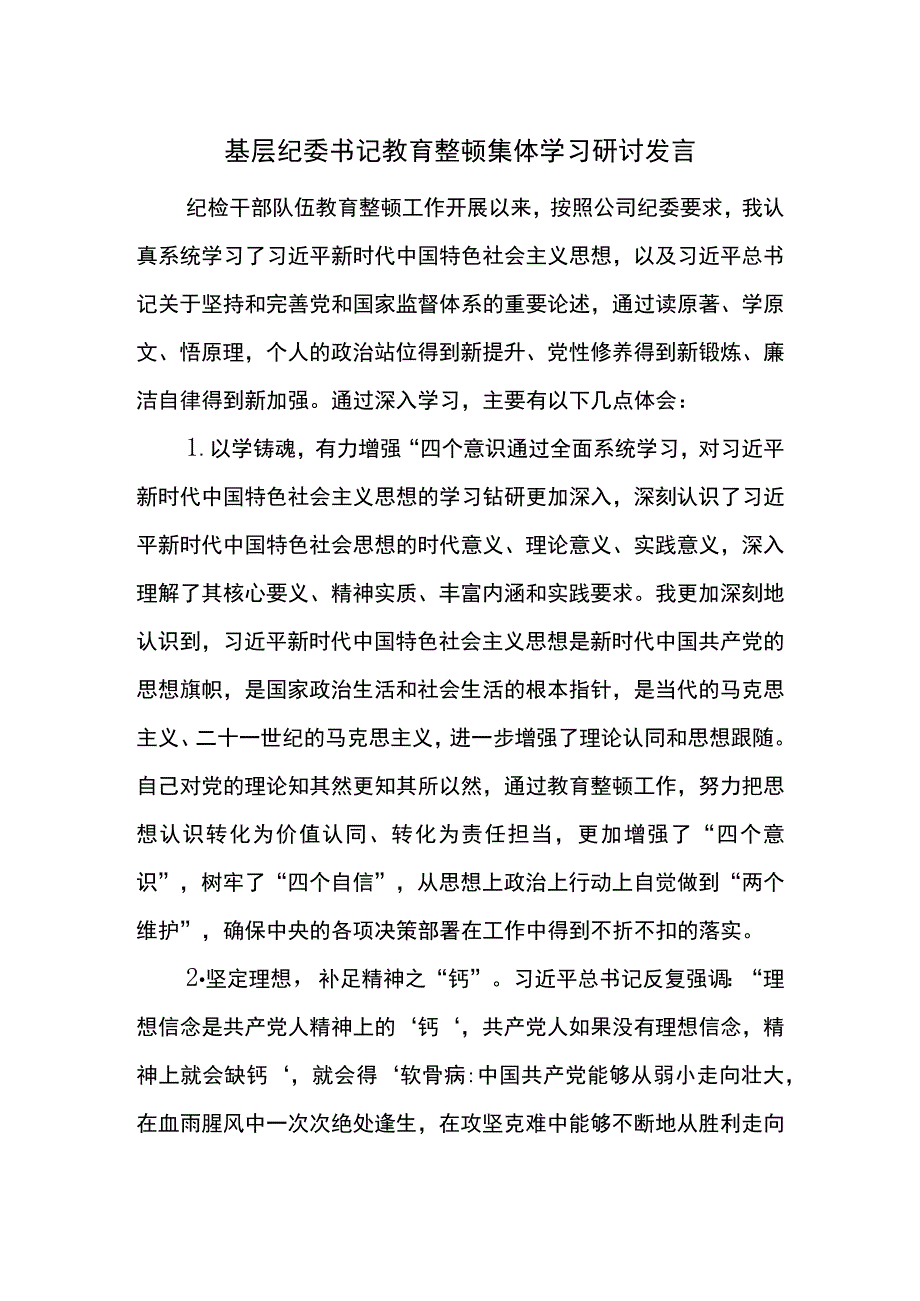 基层纪委书记教育整顿集体学习研讨发言.docx_第1页