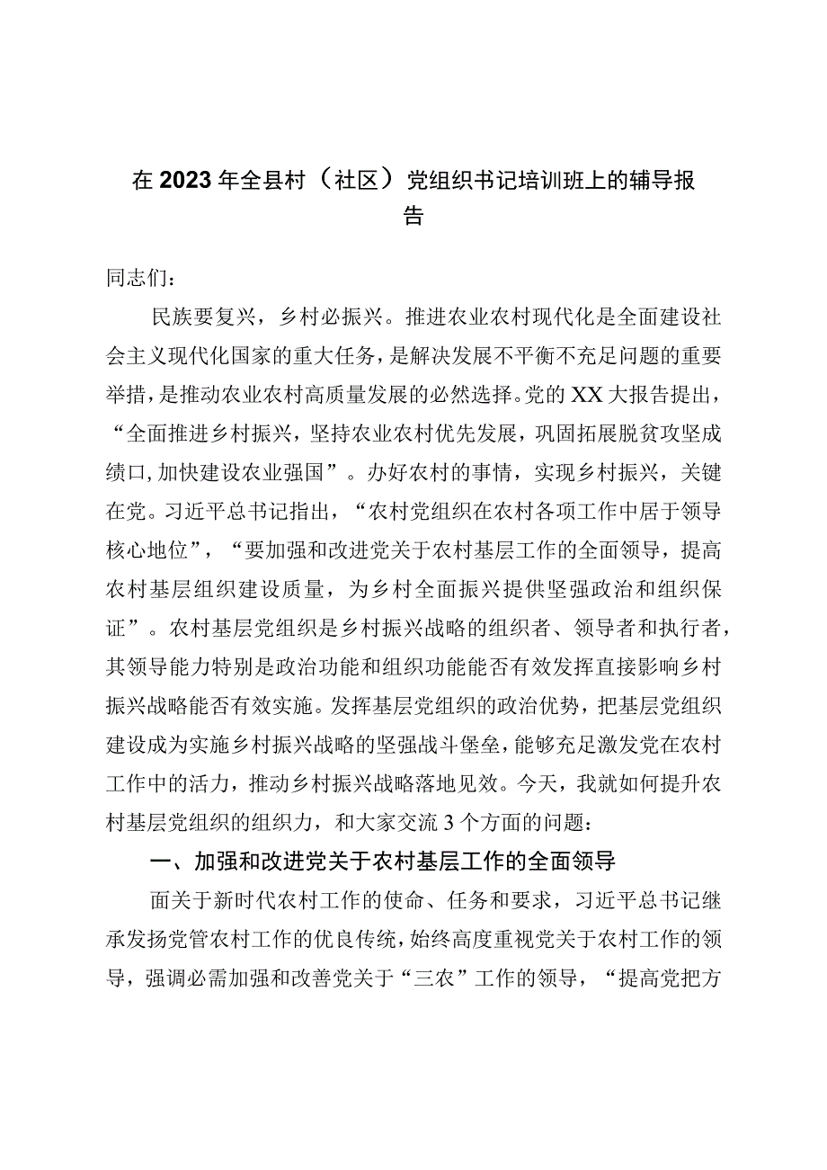 在2023年全县村党组织书记培训班上的辅导报告.docx_第1页