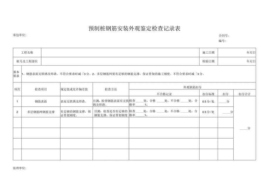 预制桩钢筋安装外观鉴定检查记录表.docx_第1页