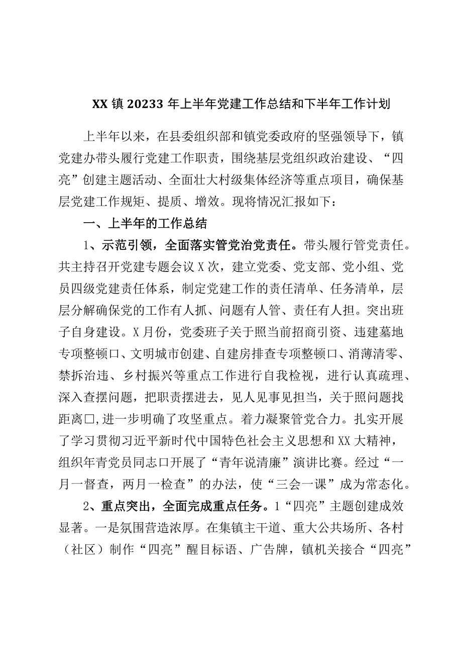 镇20223年上半年党建工作总结和下半年工作计划.docx_第1页