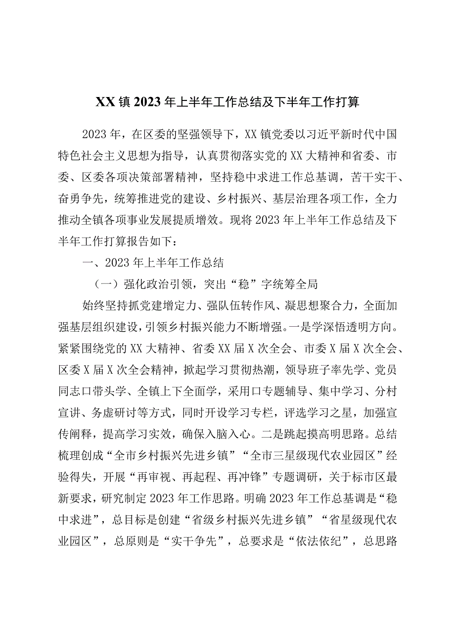 镇2023年上半年工作总结及下半年工作打算.docx_第1页