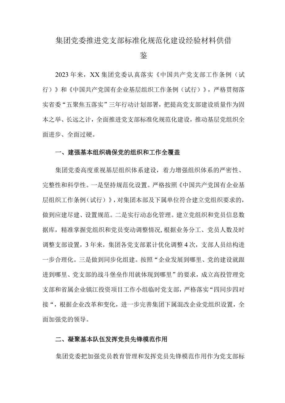 集团党委推进党支部标准化规范化建设经验材料供借鉴.docx_第1页