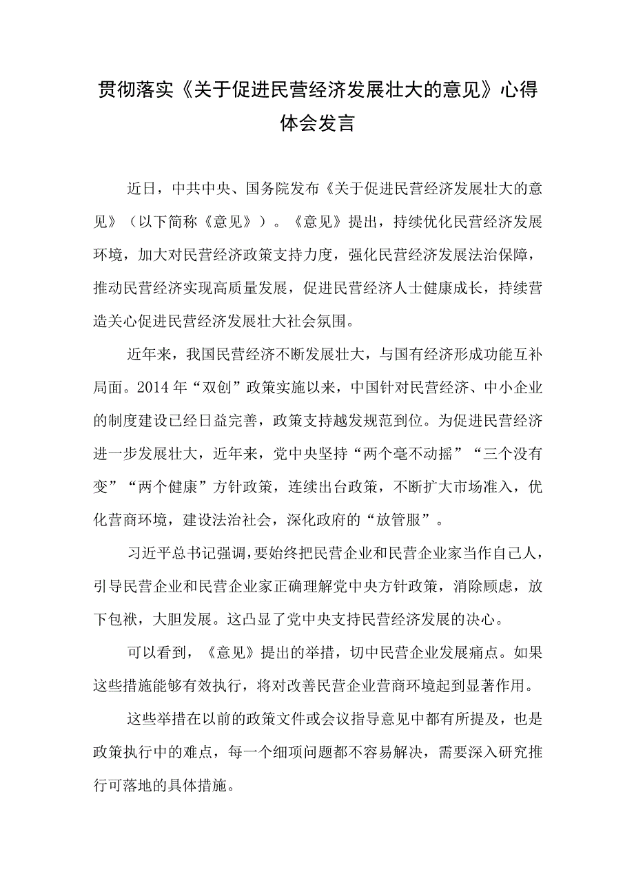 贯彻落实《关于促进民营经济发展壮大的意见》心得体会、座谈发言材料4篇.docx_第2页