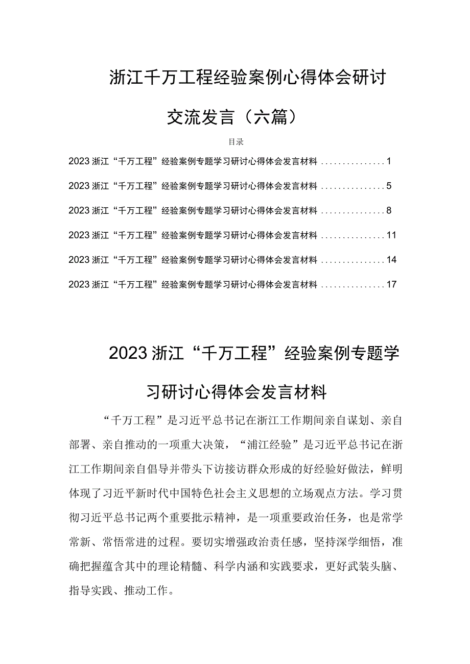 浙江千万工程经验案例心得体会研讨交流发言(六篇).docx_第1页