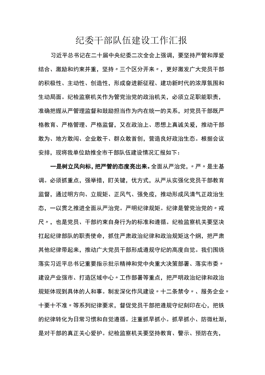 纪委干部队伍建设工作汇报.docx_第1页