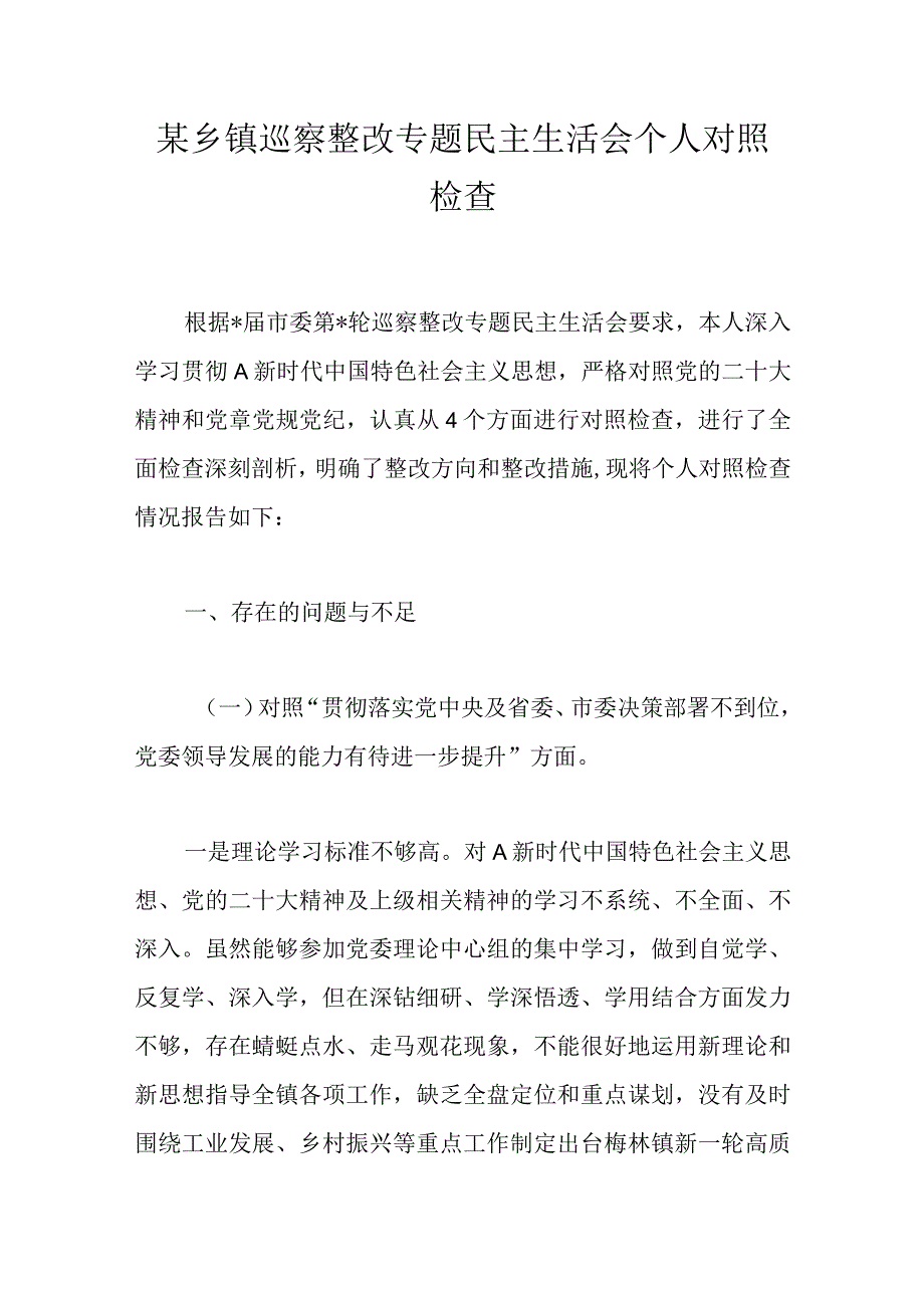 某乡镇巡察整改专题民主生活会个人对照检查.docx_第1页