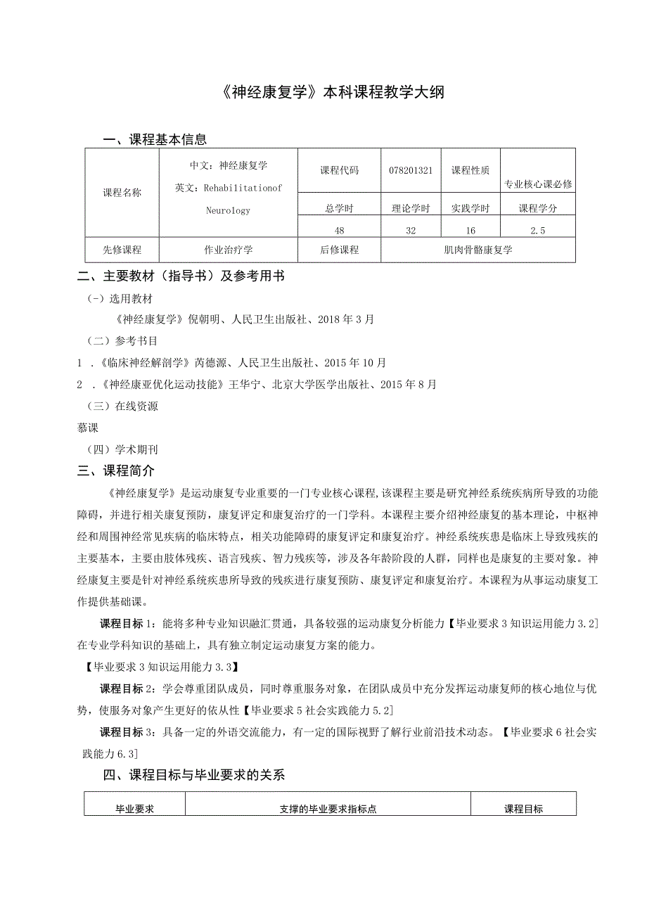 运动康复专业《神经康复学》教学大纲.docx_第1页