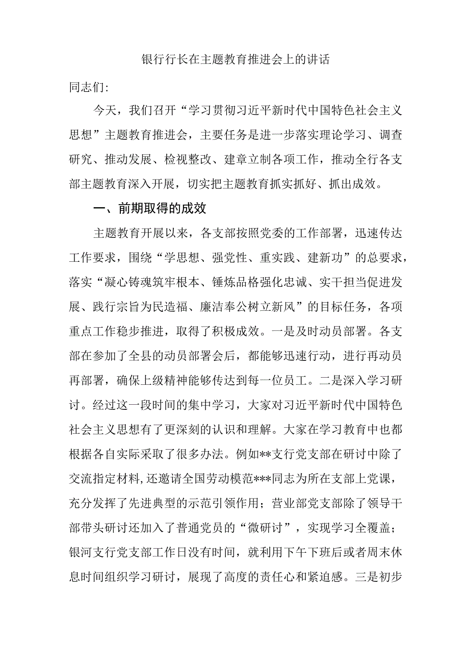 银行2023年主题教育工作开展情况汇报和行长在主题教育推进会上的讲话.docx_第2页