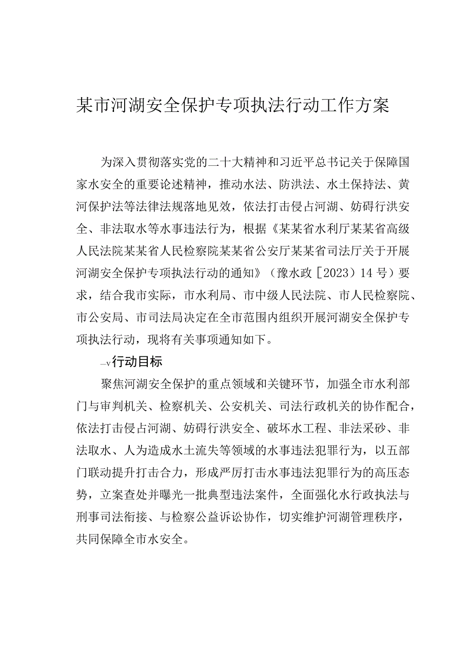 某市河湖安全保护专项执法行动工作方案.docx_第1页