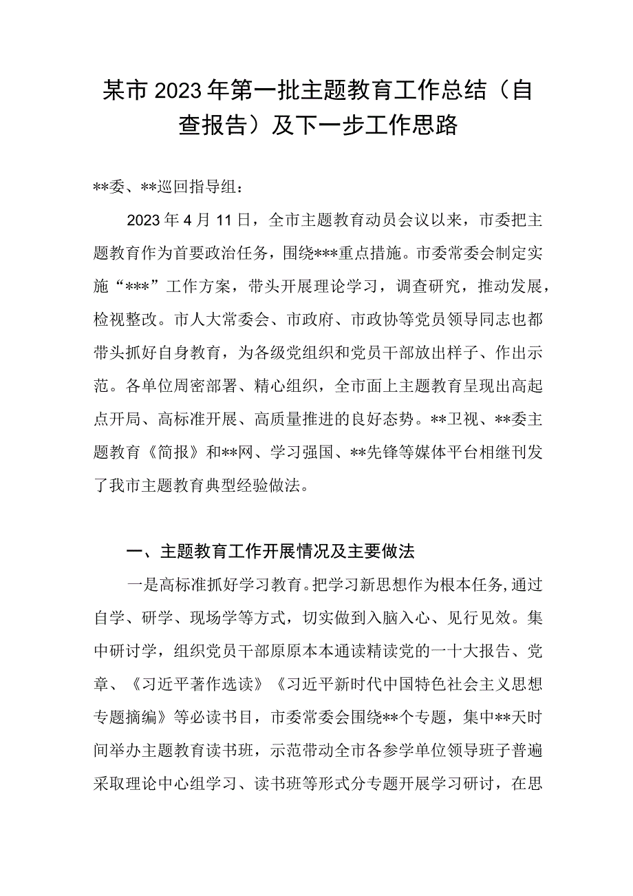 某省市2023年第一批主题教育阶段性工作总结（自查报告）及下一步工作思路安排3篇.docx_第2页