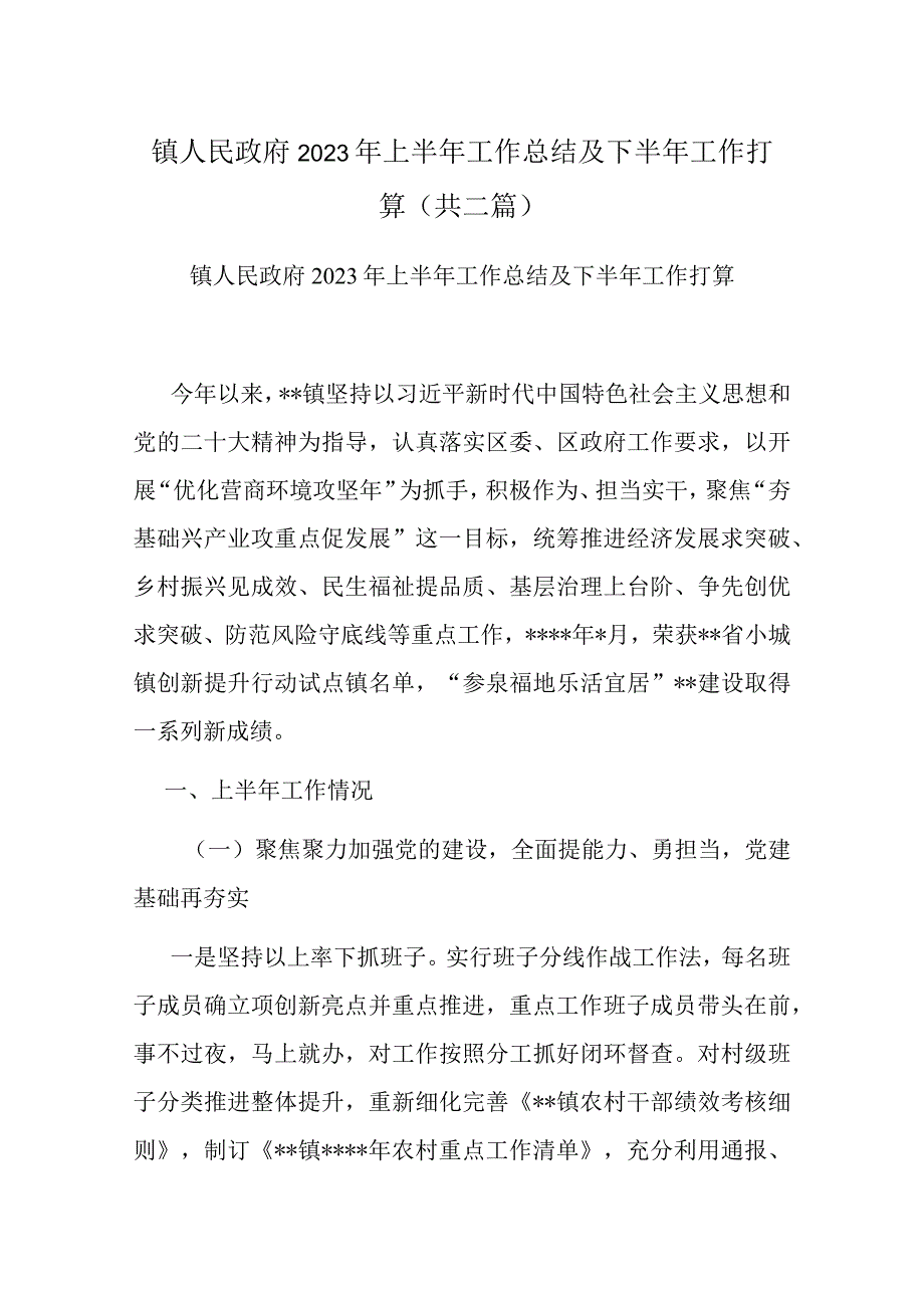 镇人民政府2023年上半年工作总结及下半年工作打算(共二篇).docx_第1页