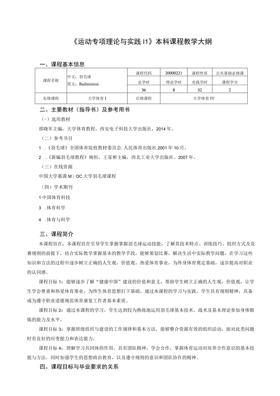 运动康复专业《运动专项理论与实践》（羽毛球）教学大纲.docx_第1页