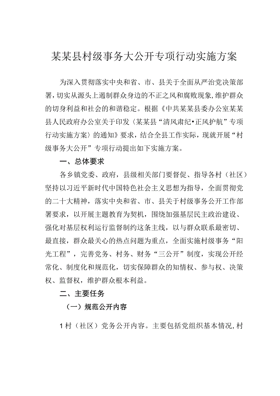 某某县村级事务大公开专项行动实施方案.docx_第1页