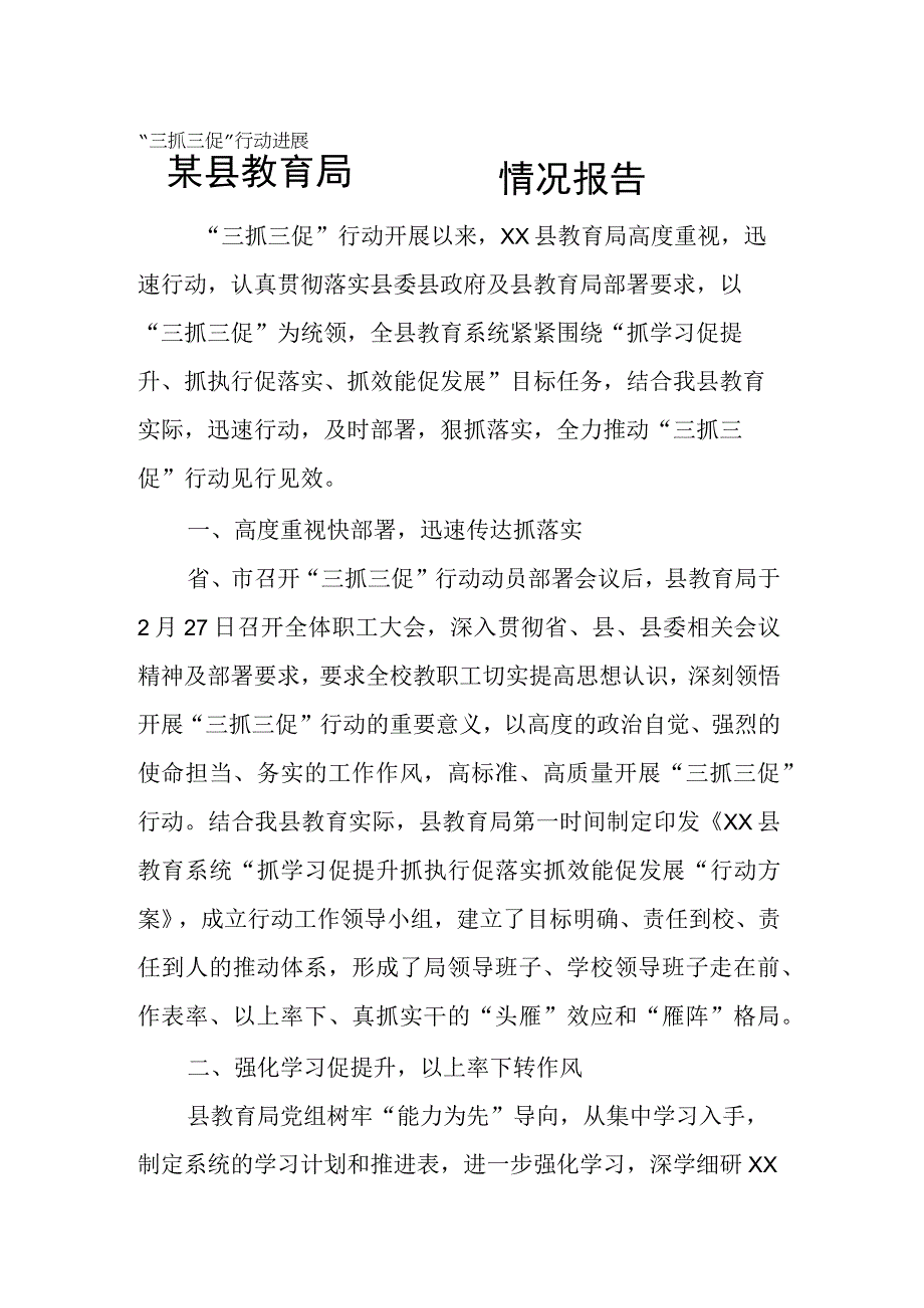 某县教育局“三抓三促”行动进展情况报告.docx_第1页