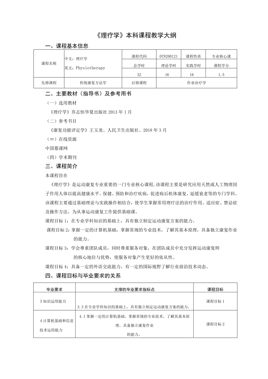 运动康复专业《理疗学》教学大纲.docx_第1页