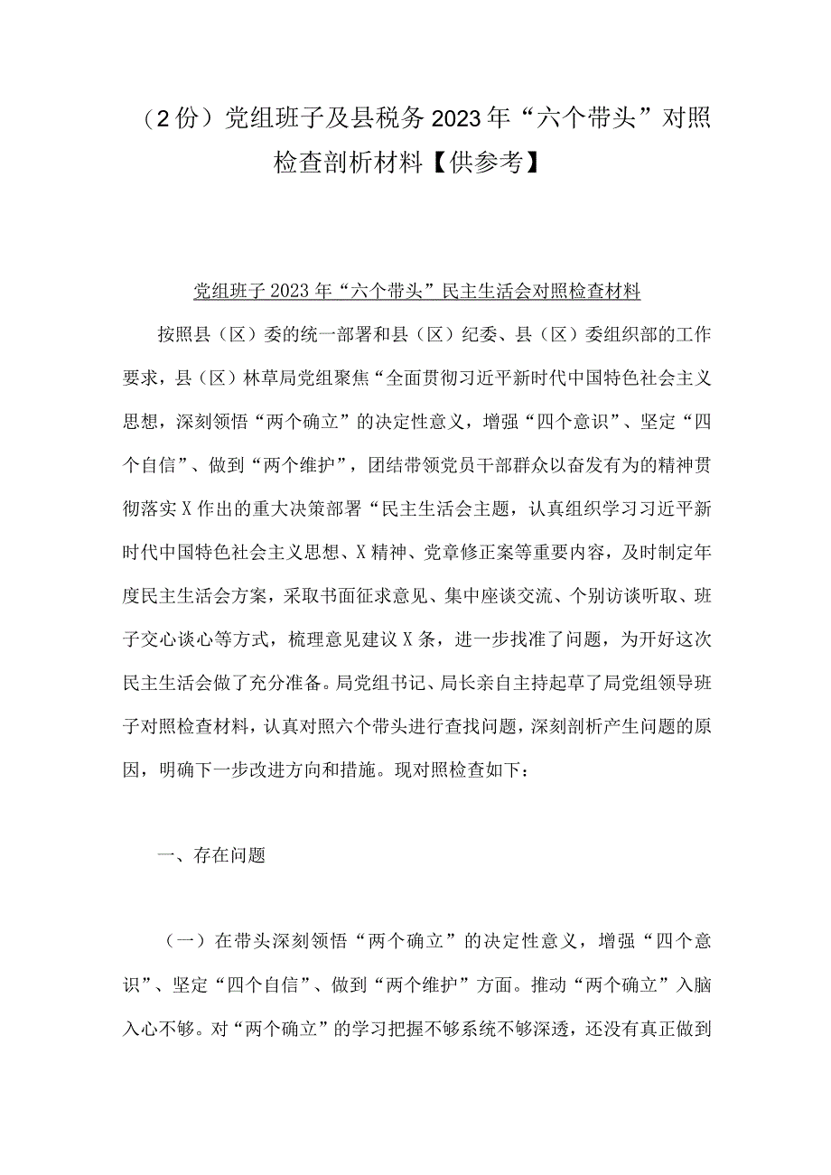 2份党组班子及县税务2023年六个带头对照检查剖析材料供参考.docx_第1页