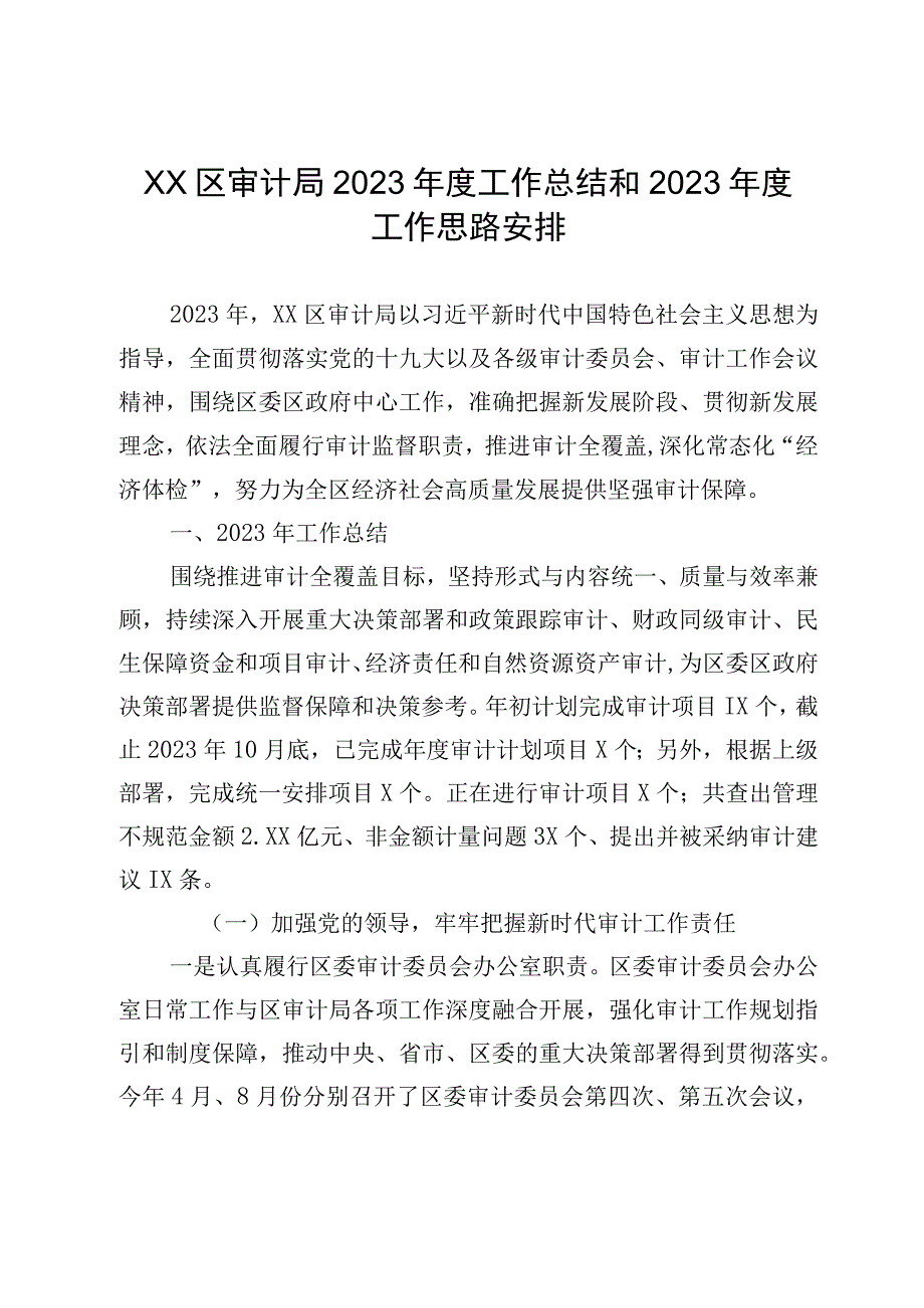 XX区审计局2023年度工作总结和2023年度工作思路安排.docx_第1页