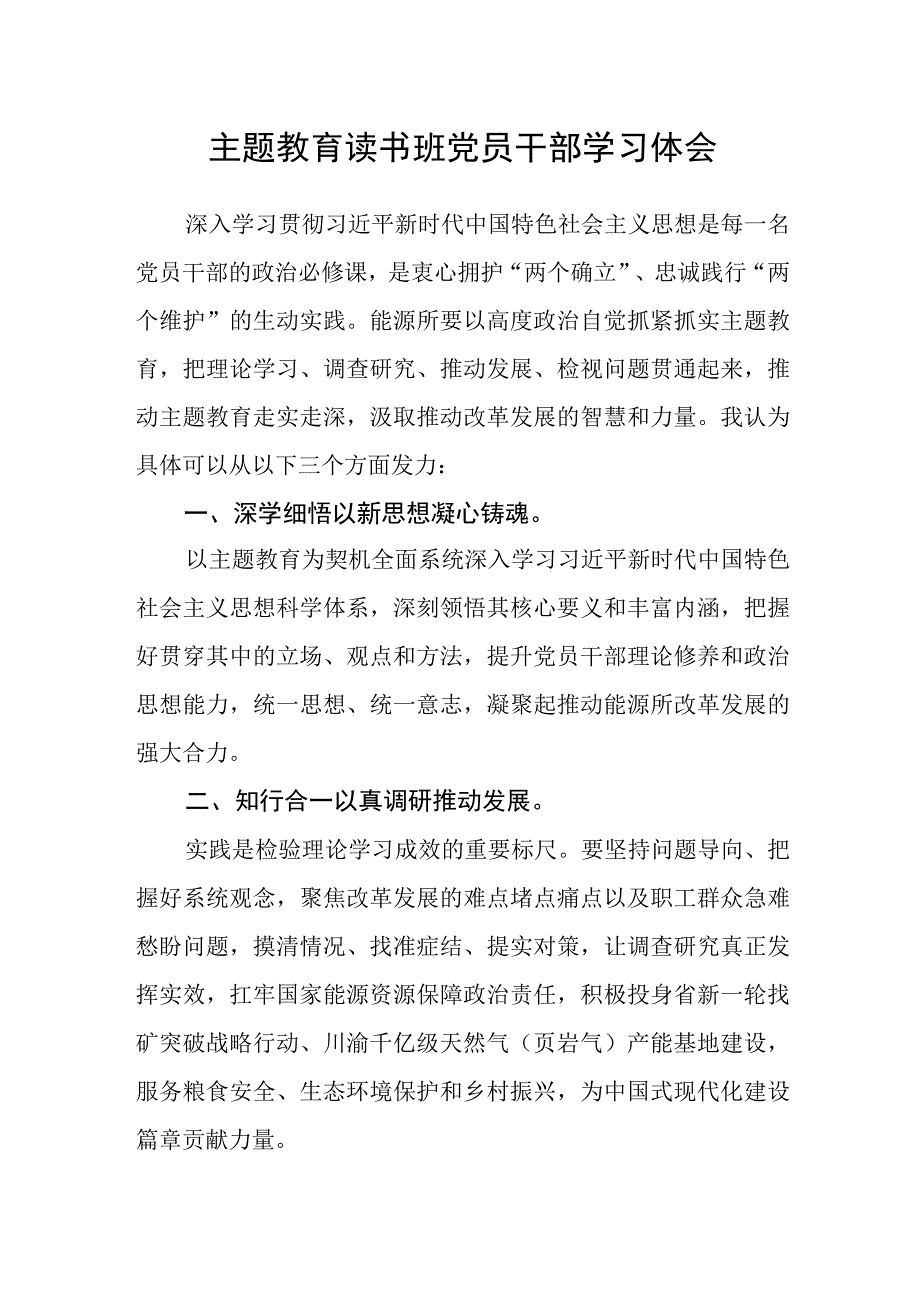 主题教育读书班党员干部学习体会1.docx_第1页