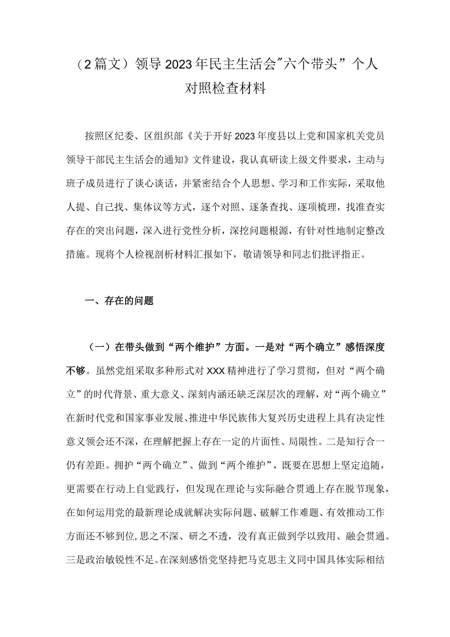 2篇文领导2023年民主生活会六个带头个人对照检查材料.docx_第1页