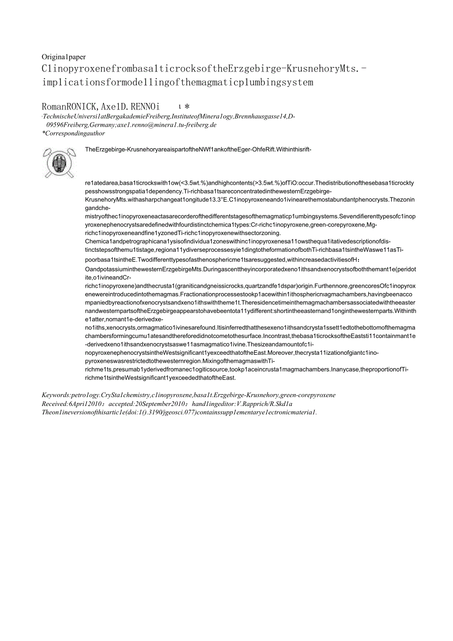 Clinopyroxene from basaltic rocks of the ErzgebirgeKru né hory Mtsimplications for modelling the magmatic plumbing syste.docx_第1页