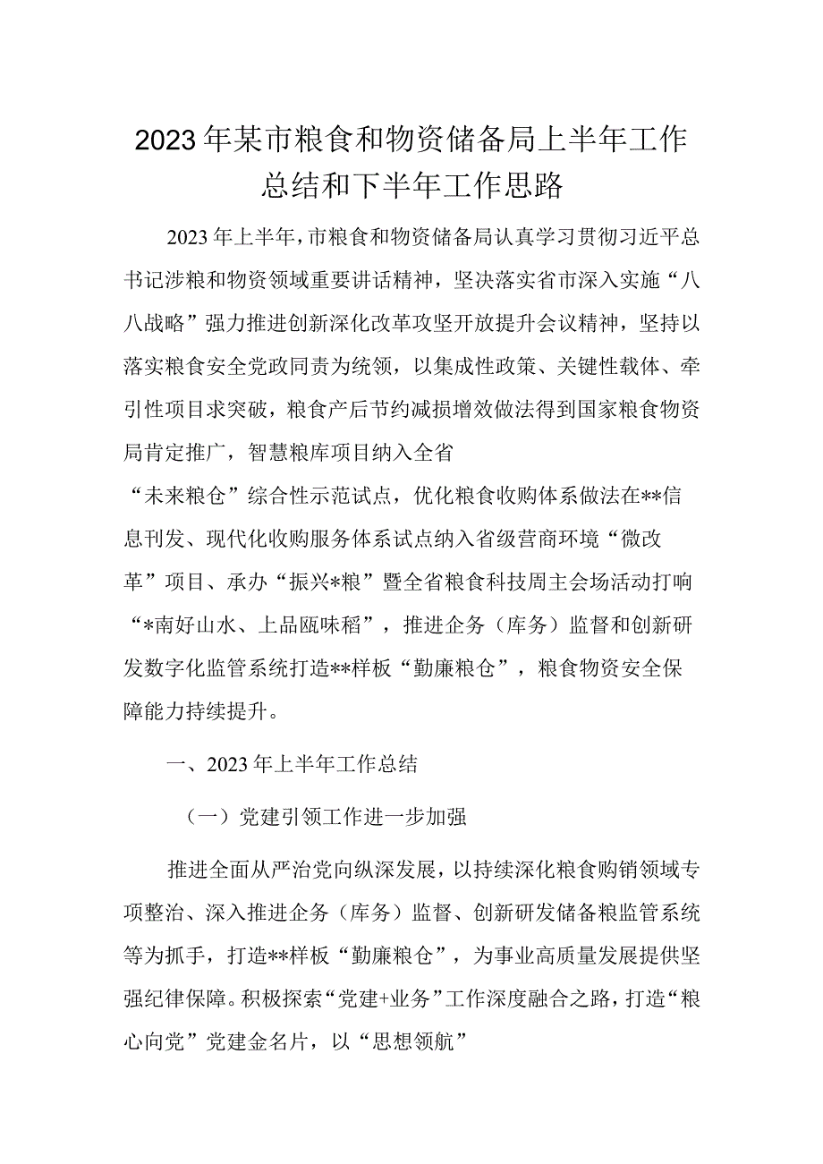 2023年某市粮食和物资储备局上半年工作总结和下半年工作思路.docx_第1页