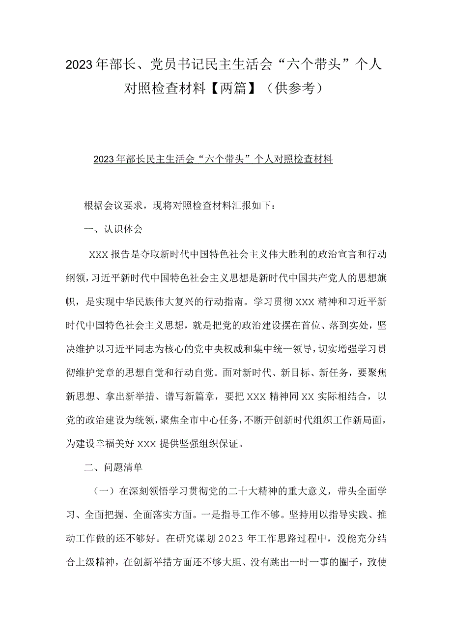 2023年部长党员书记民主生活会六个带头个人对照检查材料两篇供参考.docx_第1页