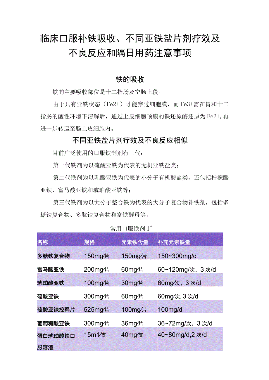 临床口服补铁吸收不同亚铁盐片剂疗效及不良反应和隔日用药注意事项.docx_第1页