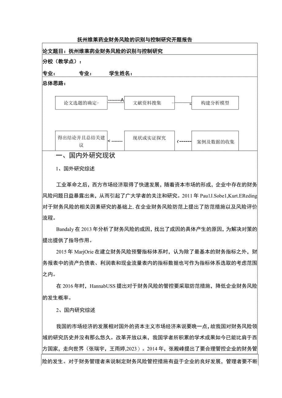 《抚州维莱药业财务风险的识别与控制案例分析》开题报告文献综述3000字.docx_第1页