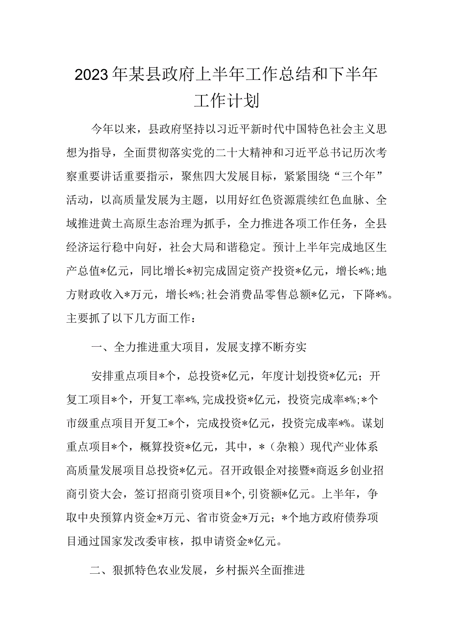 2023年某县政府上半年工作总结和下半年工作计划.docx_第1页