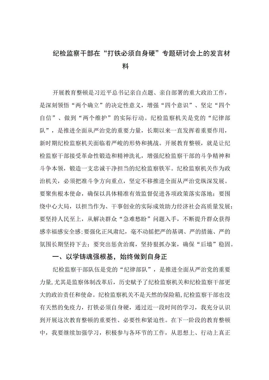 2023纪检监察干部在打铁必须自身硬专题研讨会上的发言材料范文精选三篇.docx_第1页