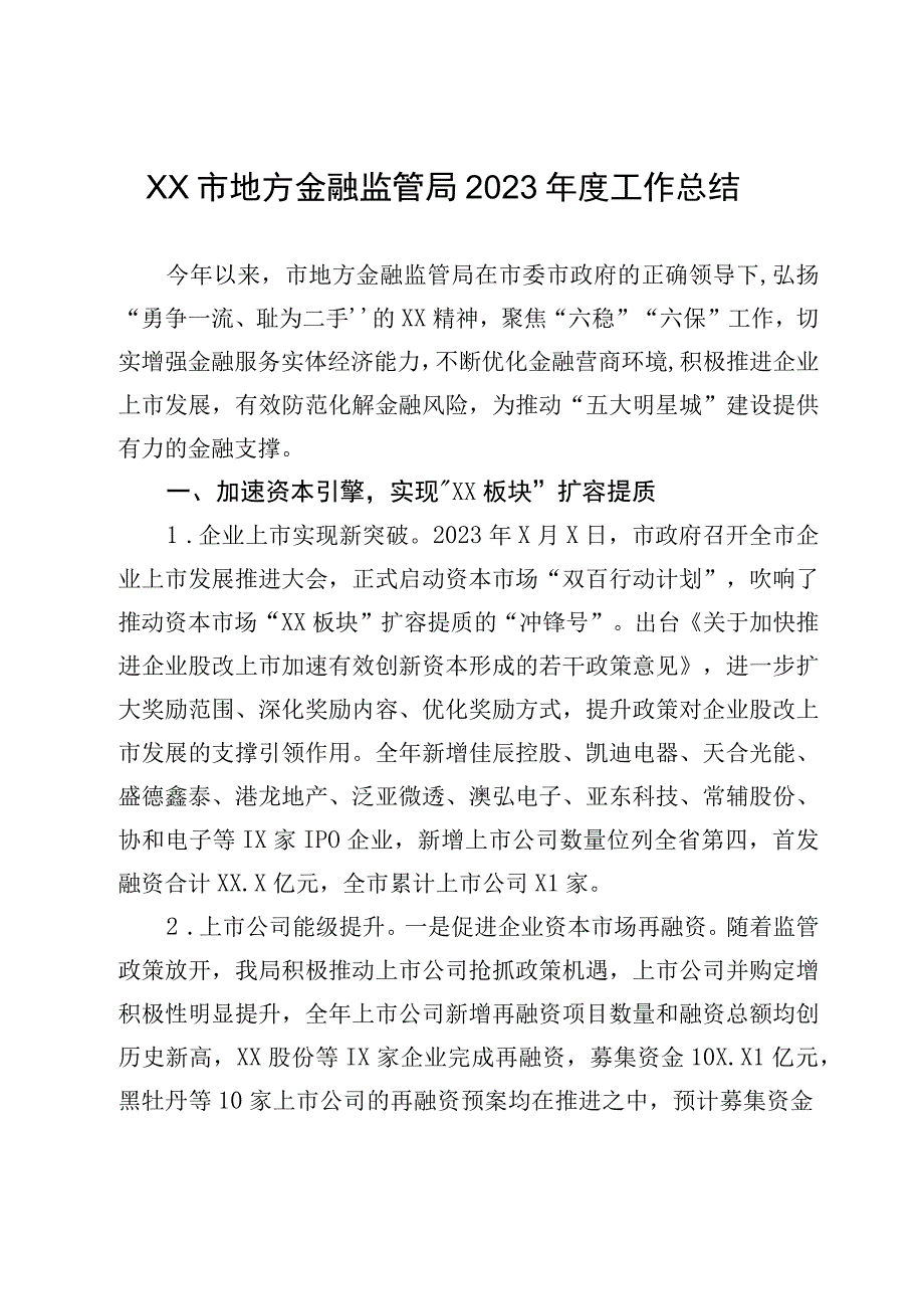 XX市地方金融监管局2023年度工作总结.docx_第1页