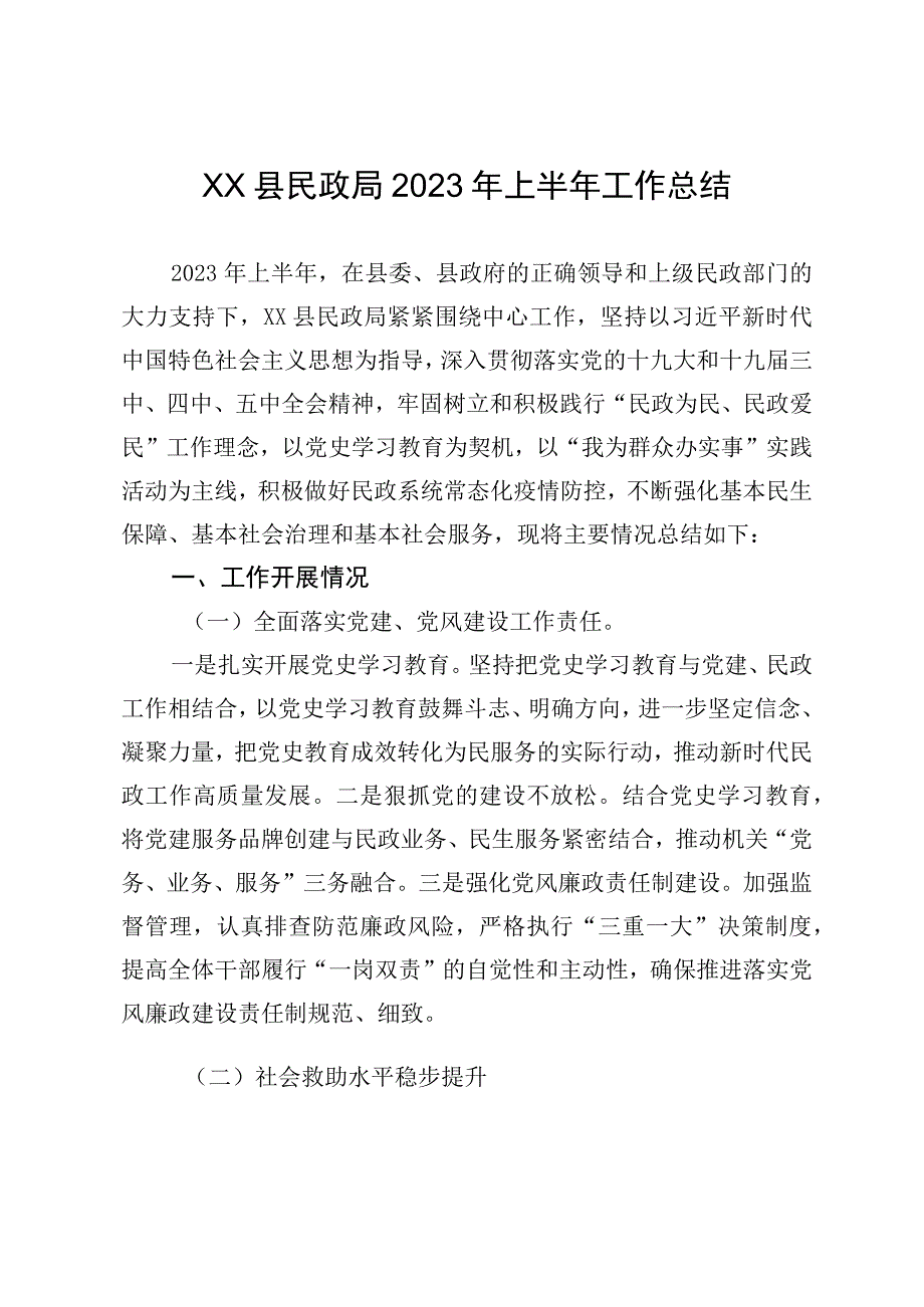 XX县民政局2023年上半年工作总结党建社会服务民生.docx_第1页