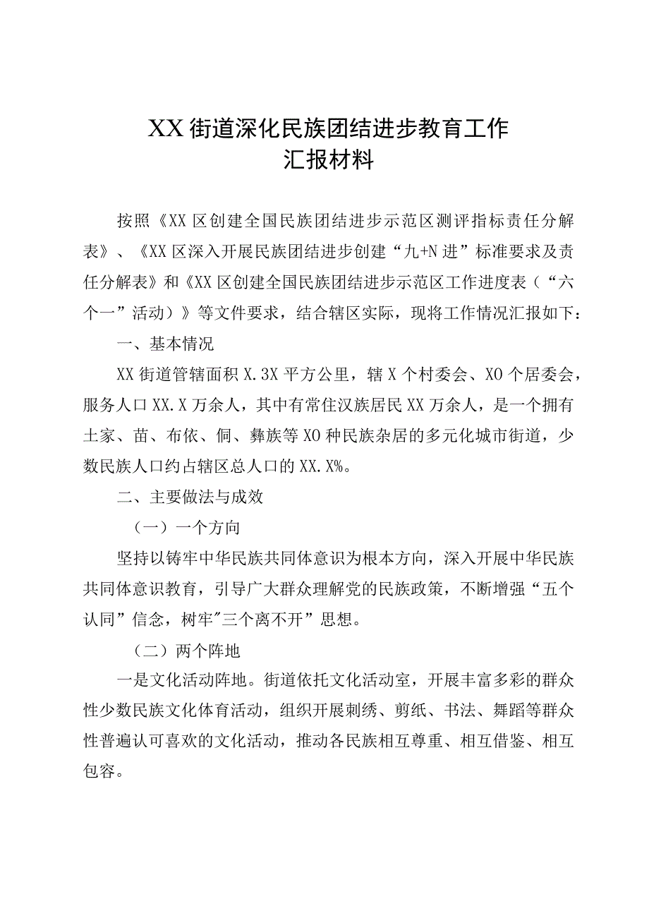 XX街道深化民族团结进步教育工作汇报材料.docx_第1页