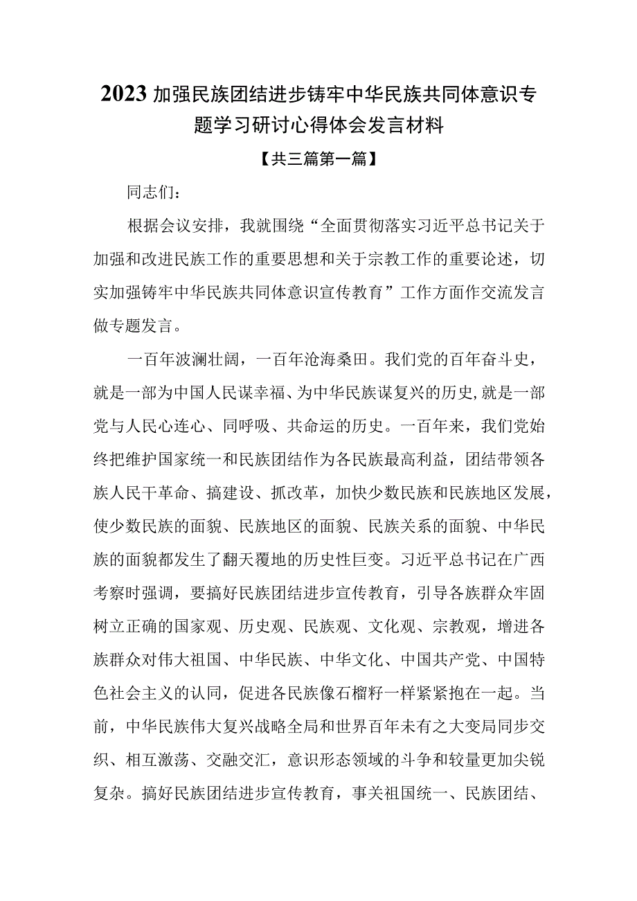 3篇2023加强民族团结进步铸牢中华民族共同体意识专题学习研讨心得体会发言材料.docx_第1页