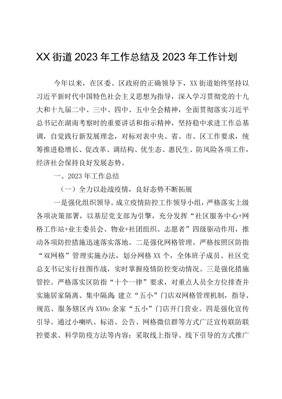 XX街道2023年工作总结及2023年工作计划防疫工作亮点计划.docx_第1页