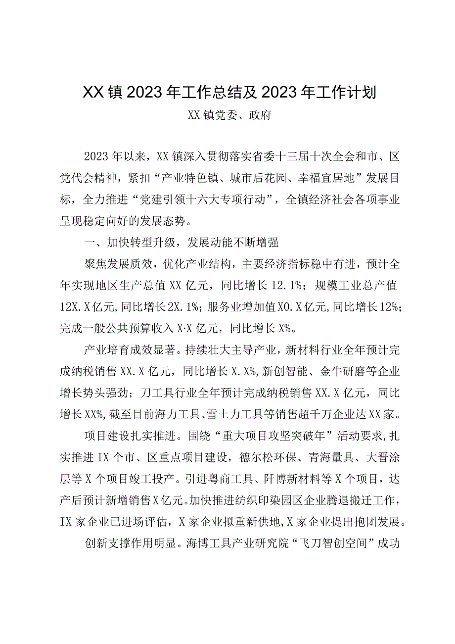 XX镇2023年工作总结及2023年工作计划.docx_第1页