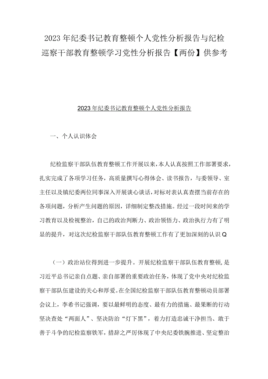 2023年纪委书记教育整顿个人党性分析报告与纪检巡察干部教育整顿学习党性分析报告两份供参考.docx_第1页