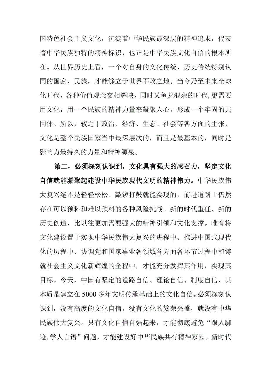 （10篇）2023关于坚定文化自信建设文化强国研讨交流心得体会发言材料.docx_第2页