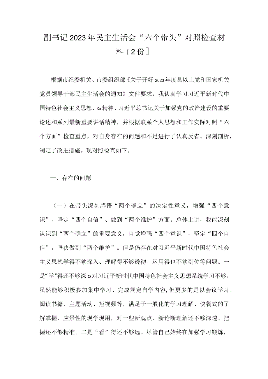 副书记2023年民主生活会六个带头对照检查材料2份.docx_第1页