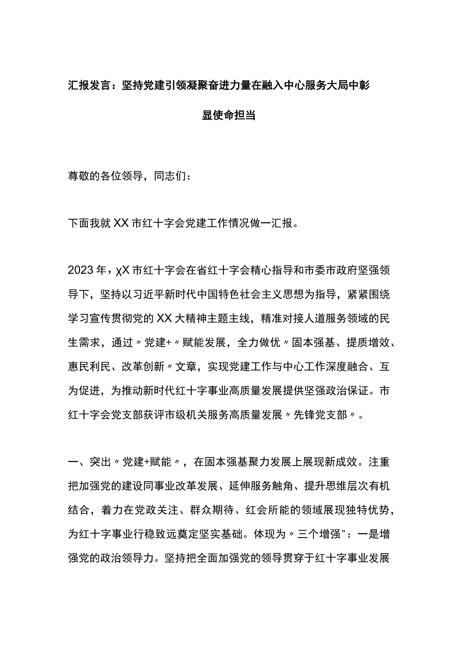 汇报发言：坚持党建引领凝聚奋进力量在融入中心服务大局中彰显使命担当.docx_第1页