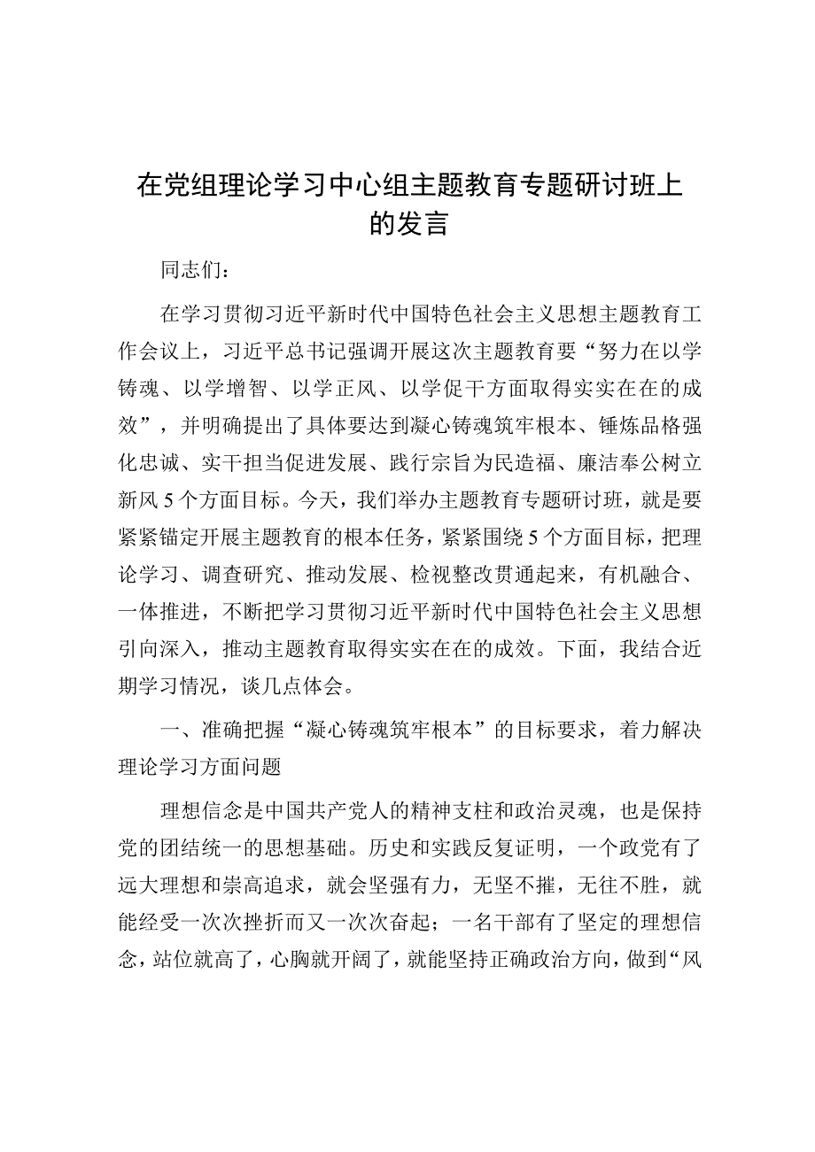 在党组理论学习中心组主题教育专题研讨班上的发言.docx_第1页