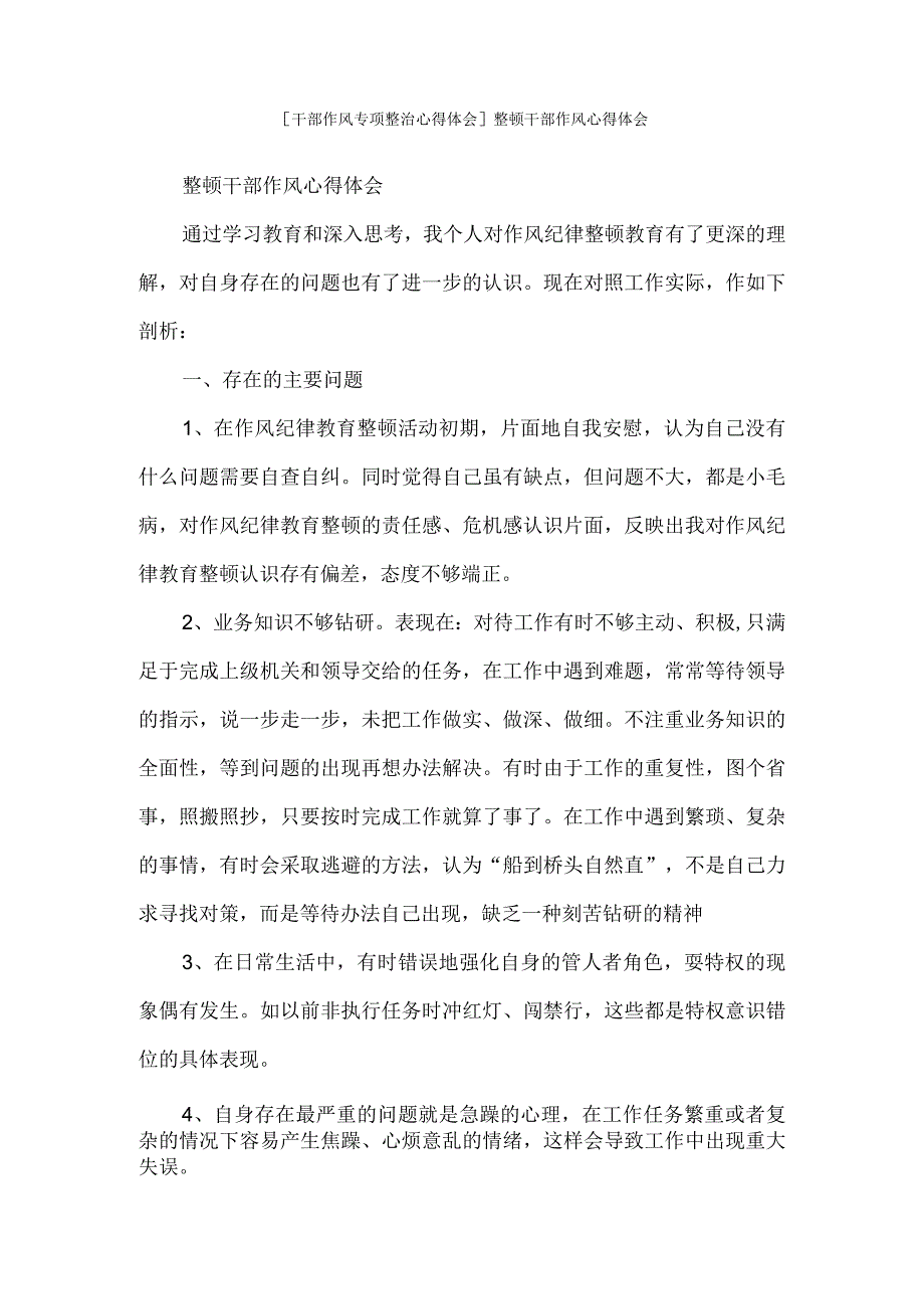 干部作风专项整治心得体会整顿干部作风心得体会.docx_第1页